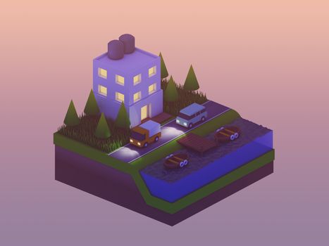  isometric city buildings, landscape, Road and river, isometric city background