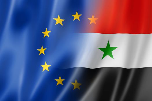 Mixed Europe and Syria flag, three dimensional render, illustration