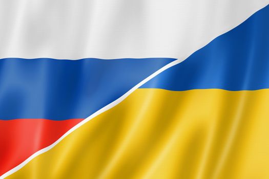 Mixed Russia and Ukraine flag, three dimensional render, illustration