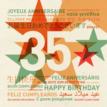 35th anniversary happy birthday from the world. Different languages celebration card