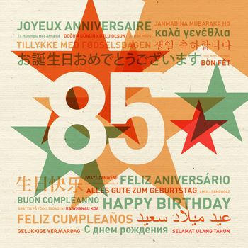 85th anniversary happy birthday from the world. Different languages celebration card