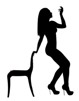 Silhouette of a woman dancing near the chair isolated over white background