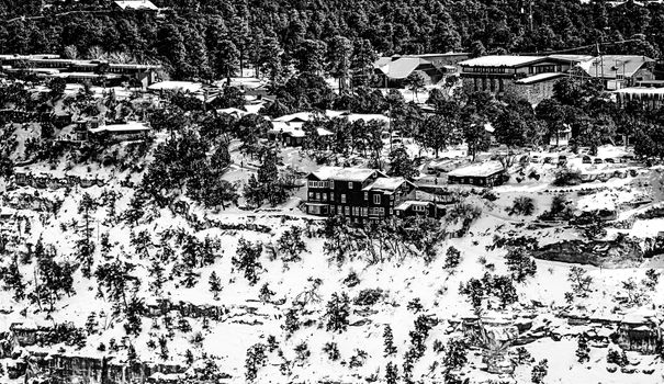 snow over the mountain at Grand Canyon national park, USA in black and white