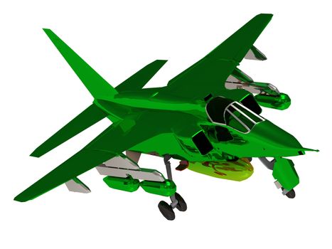 Fighter green color army airplane during airshow. Front view