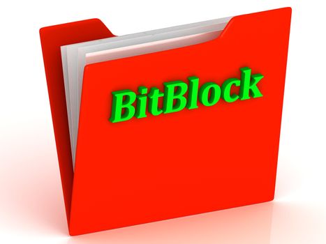 BitBlock- bright green letters on a gold folder on a white background