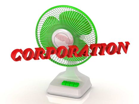 CORPORATION- Green Fan propeller and bright color letters on a white background