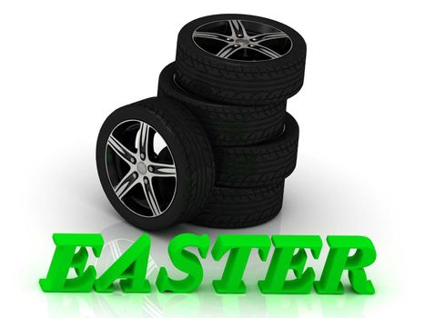 EASTER- bright letters and rims mashine black wheels on a white background