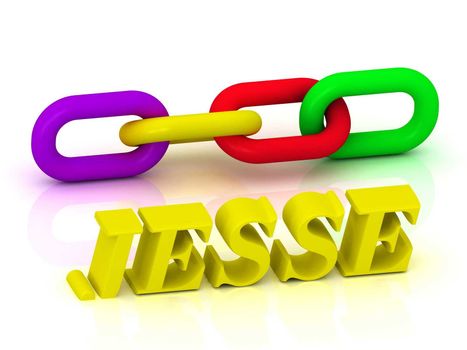 JESSE- Name and Family of bright yellow letters and chain of green, yellow, red section on white background