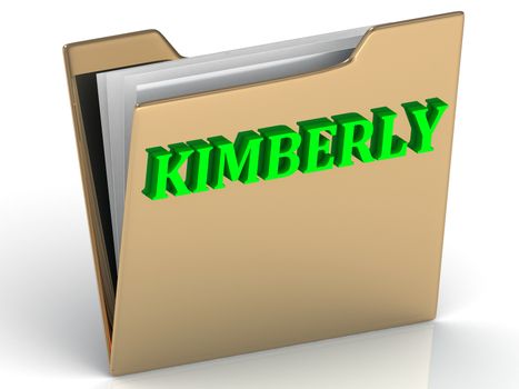 KIMBERLY- bright green letters on gold paperwork folder on a white background