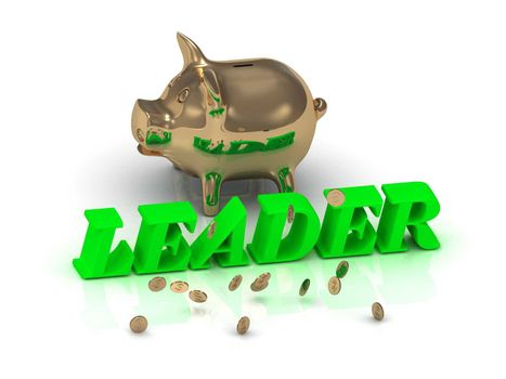 LEADER- inscription of green letters and gold Piggy on white background