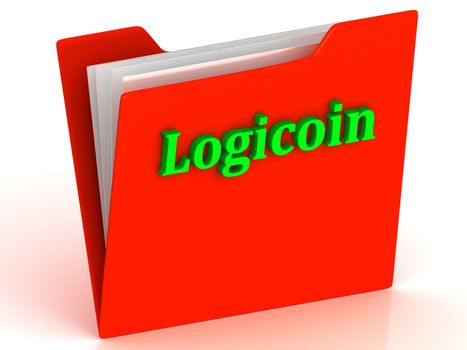 Logicoin- bright green letters on red paperwork folder witch paper list on a white background