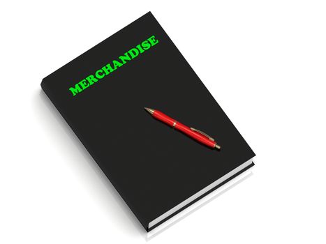 MERCHANDISE- inscription of green letters on black book on white background