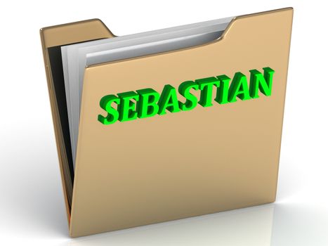 SEBASTIAN- bright green letters on gold paperwork folder on a white background
