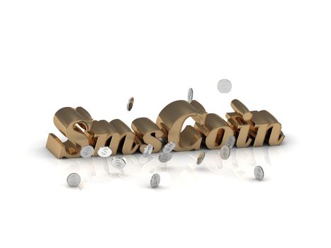SmsCoin- inscription of gold letters and silver money on white background