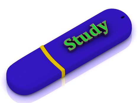 Study flash - inscription bright green volume letter on blue USB flash drive on white background