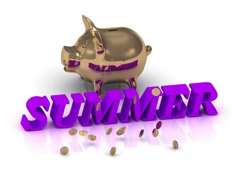 SUMMER- inscription of green letters and gold Piggy on white background