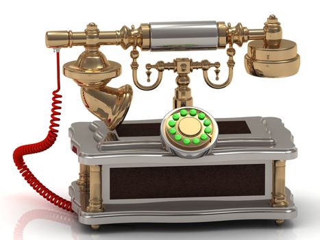 Gold Vintage old telephone with binoculars and red cable conceptual still life on white background