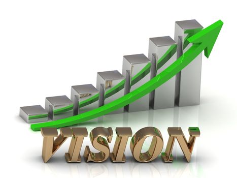 VISION- inscription of gold letters and Graphic growth and gold arrows on white background