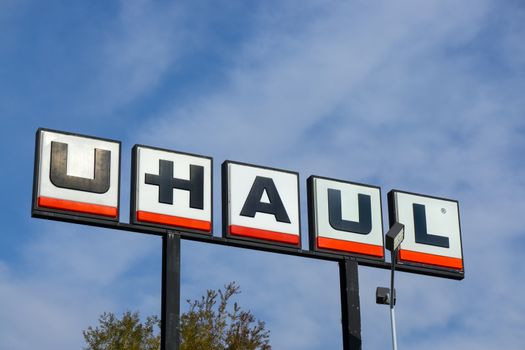 ALTADENA, CA/USA - JANUARY 16, 2016: U-Haul sign and logo. U-Haul is a moving equipment and storage rental company based in Phoenix, Arizona.