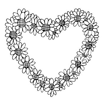 Freehand illustration of retro flower design heart shape on white background, doodle hand drawn