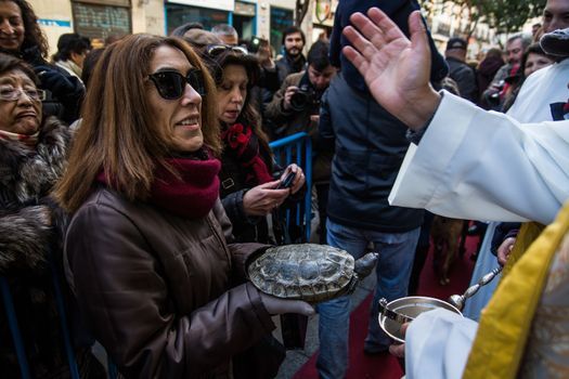 SPAIN, Madrid: A woman holds her pet turtle while it is being blessed by a priest outside the church of San Antón in Calle de Hortaleza in Madrid on Saint Anthony's day, the patron saint of animals, on January 17, 2016.