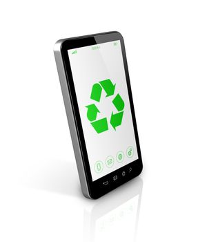 3D Smartphone with a recycle symbol on screen. environmental conservation concept