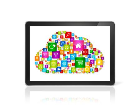 3D Cloud computing symbol in Tablet pc computer - front view - isolated on white