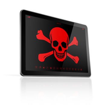 3D Tablet PC with a pirate symbol on screen. Hacking concept