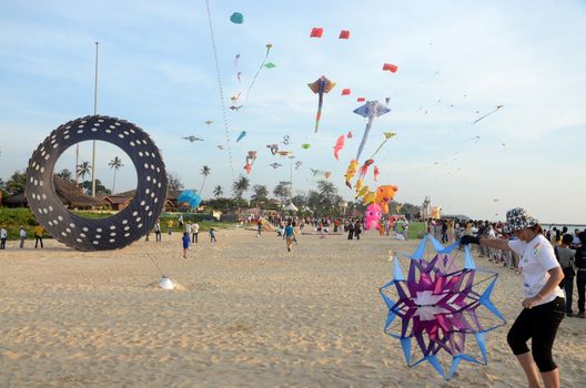 INDIA, Mangaluru: Kites are seen at Panambur beach, Mangaluru, south-east India on January 16, 2016 as the International Kite festival starts. 