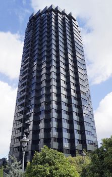 BARCELONA, SPAIN - OCTOBER 07, 2015: La Caixa 1 skyscraper, headquarters of CaixaBank in Barcelona, Spain