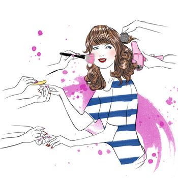 Young woman at beauty salon having beauty treatment - hand drawn raster illustration