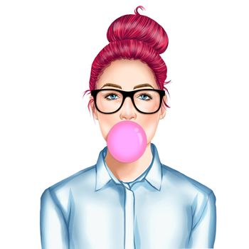 Hand drawn raster Illustration - Fashion Illustration of beautiful young pretty girl with glasses chewing bubble gum