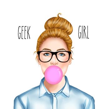 Hand drawn raster Illustration - Fashion Illustration of beautiful young pretty girl with glasses chewing bubble gum