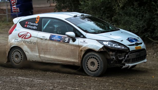 KOCAELI, TURKEY - AUGUST 23, 2015: Ferhat Tanribilir with Ford Fiesta R2 in Kocaeli Rally 2015