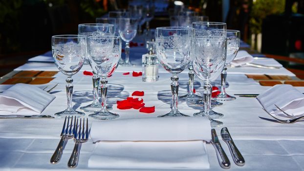 table setup in outdoor cafe, small restaurant in a hotel, summer vacations, meal time