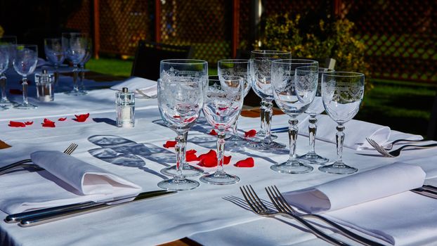 table setup in outdoor cafe, small restaurant in a hotel, summer vacations, meal time