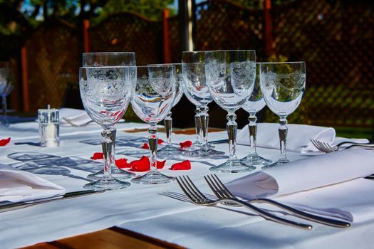 table setup in outdoor cafe, small restaurant in a hotel, summer vacations, meal time