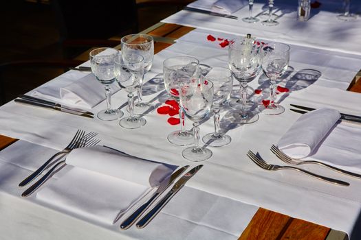 table setup in outdoor cafe, small restaurant in a hotel, summer vacations, meal time