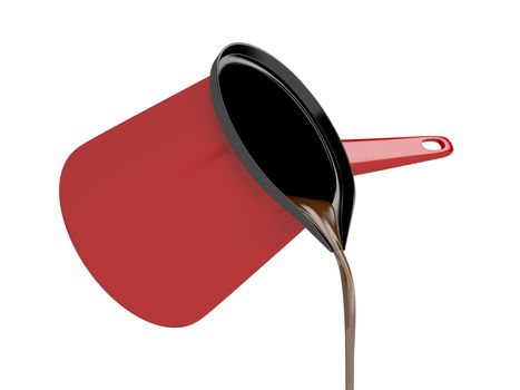 Pouring black coffee from red coffee pot