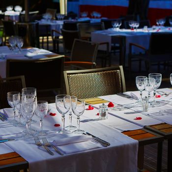 table setup in outdoor cafe, small restaurant in a hotel, summer vacations, meal time