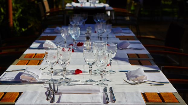 table setup in outdoor cafe, small restaurant in a hotel, summer vacations, meal time