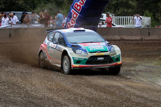 KOCAELI, TURKEY - AUGUST 23, 2015: Orhan Avcioglu with Ford Fiesta S2000 of Castrol Ford Team Turkiye in Kocaeli Rally 2015