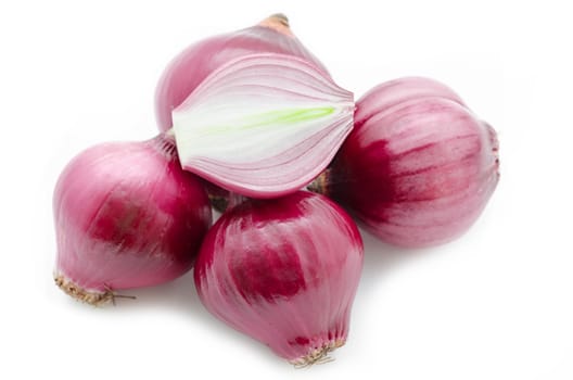 Red sliced onion on white background