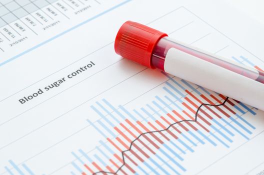 Sample blood for screening diabetic test in blood tube on blood sugar control chart.