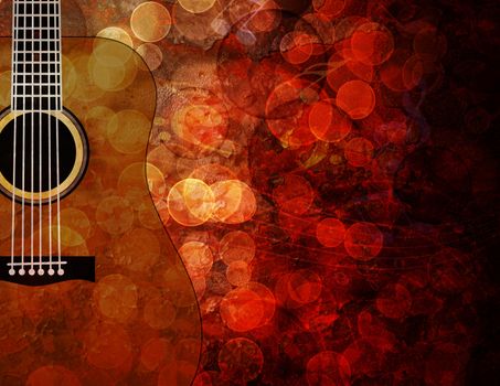 Guitar with Bokeh Musical Notes and Red Grunge Texture Background Illustration