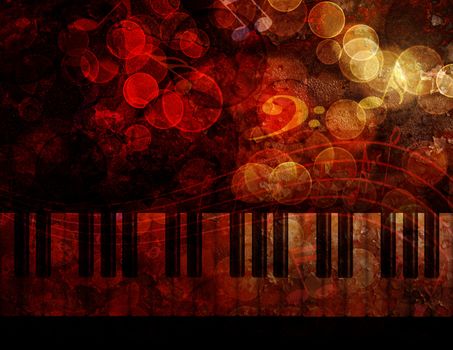 Piano Keyboard with Bokeh Musical Notes and Red Grunge Texture Background Illustration