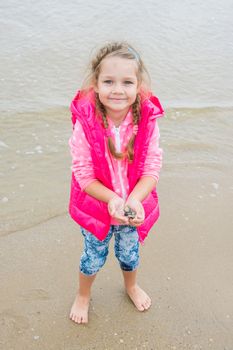 Three year old girl standing with shells in her hand, which gather up on the beach