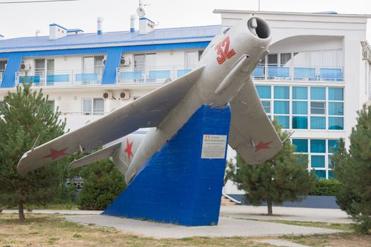 Anapa, Russia September 14 2015: The monument in honor of twice Hero of the Soviet Union Nikolai Dmitrievich Gulaeva - Jet plane MIG-17 of 1949, established at the childrens camp in the village of Dzhemete Anapa, Russia