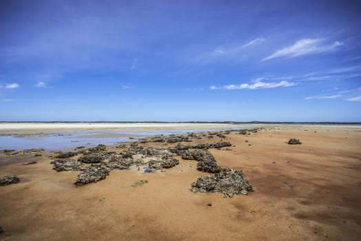 Perfect beach scene of low  tide, interesting rock formations and pristine white sand and bright blue sky