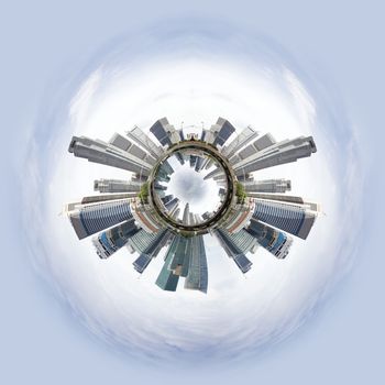 Overpopulated Tiny little planet with skyscrapers on core and ohter world under it.